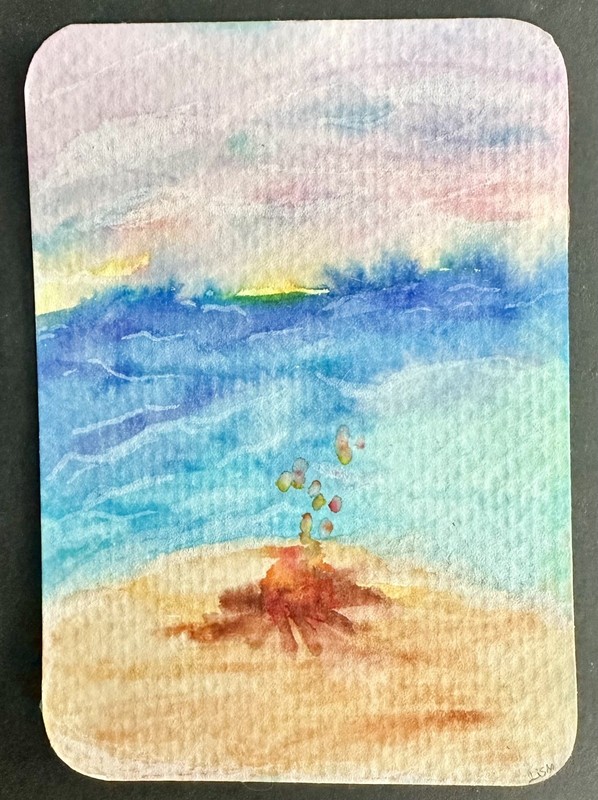 ACEO Original Sunset Bonfire Beach Seascape Sunset Fire Watercolor Marker