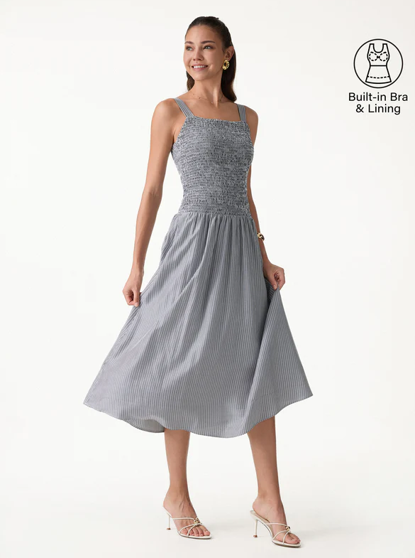 OGLmove Striped Poplin Square Neck Smocked Midi Bra Dress - Grey/White Stripe
