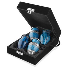 Small Keepsake Cremation Urns, Set of 4 Blue and Silver w Case