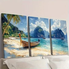 3pcs  Tropical Beach Art Island Watercolor hj  Wall Art Canvas Framed 50x70cm