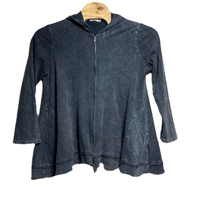 Jess & Jane Sweater Sz XL Black Acid Wash Flowy Relaxed Lagenlook Full Zip Hood
