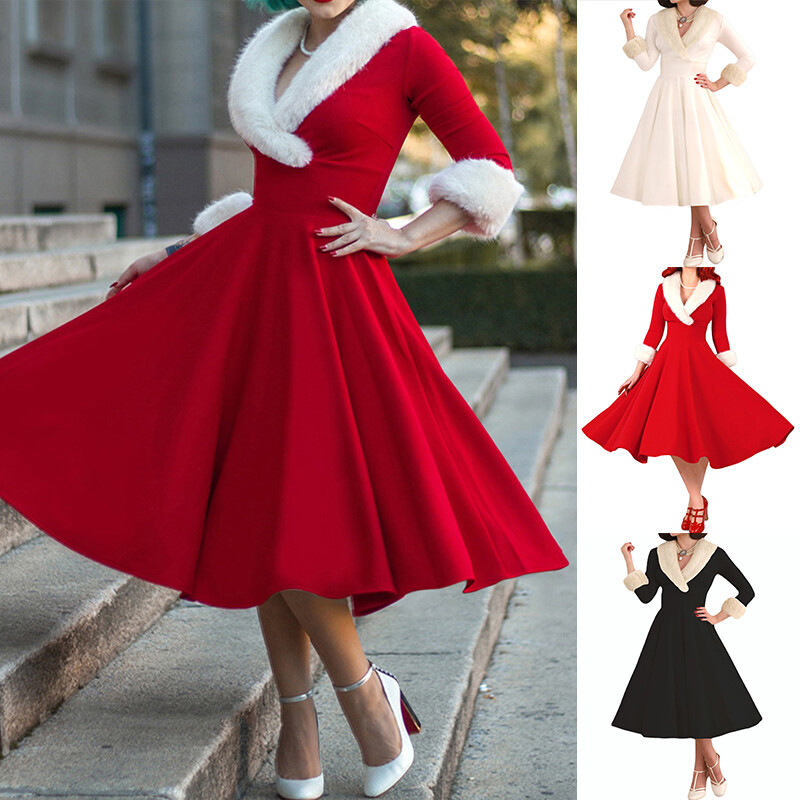 Women Christmas V Neck Hair Collar Party Long Dress Xmas A-line Swing Midi  Dress | eBay