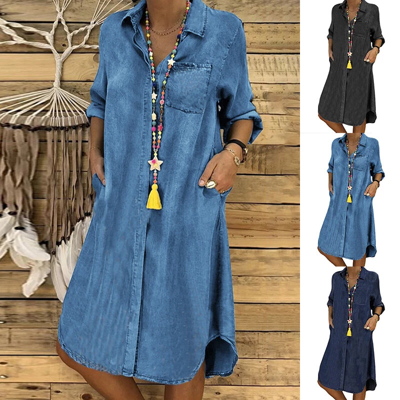 Women's Plus Size Denim Midi Dress Ladies Long Sleeve Lapel Casual Shirt  Dress