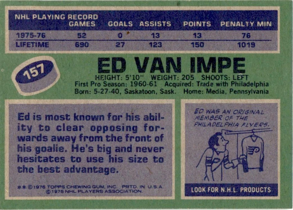 1976 Topps #157 Ed Van Impe Pittsburgh Penguins EX - Image 2 of 2