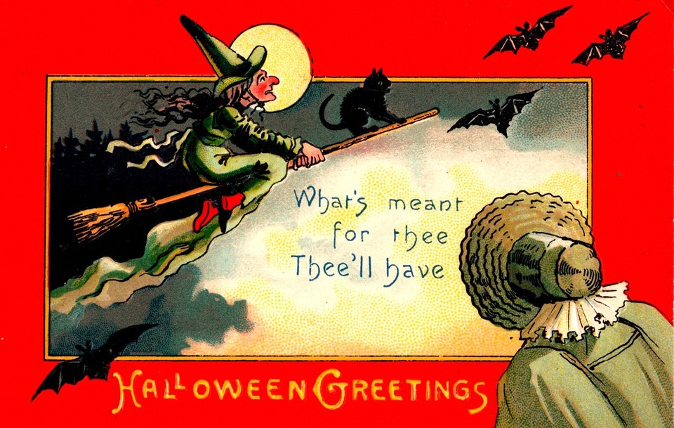 Vintage Flying Witch, Broom, Black Cats, Bats & Moon Antique Halloween