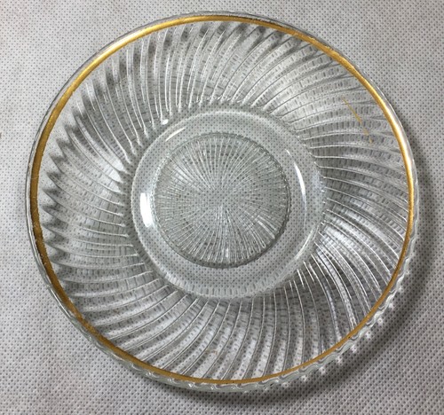Vintage Clear Glass 6" Dessert Plates Saucers Set of 2 Swirl Gold Rim Stripe - Picture 12 of 20