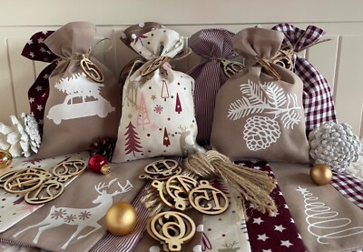 Adventskalender,Landhausstil Adventskalender zum befüllen aus Stoff, beige/rot