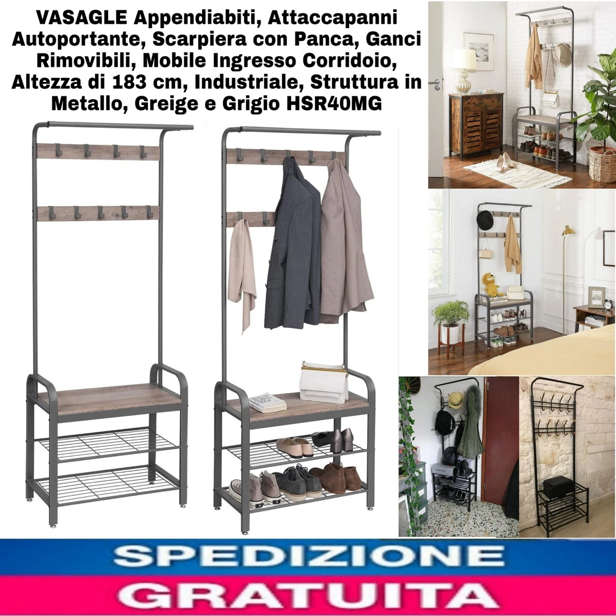 Appendiabiti Con Panca E Scarpiera In Bambù – Attaccapanni Autoportante 4 In 1 Per Ingresso, 5 Ganci, Seduta Imbottita, Scaffale Scarpe, Corridoio