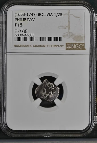 1653-1747 Bolivia 1/2 Real Philip IV/V NGC Graded Fine 15 1.77g