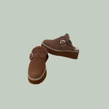 Dolce Vita Brown Suede Faux Shearling Platform Mules Clogs Gold Buckle Size 6