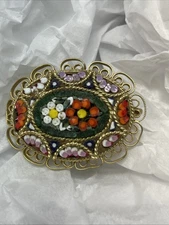 Vintage Micro Mosaic Oval Floral Brooch not marked, 1.75" across. Filagree edge