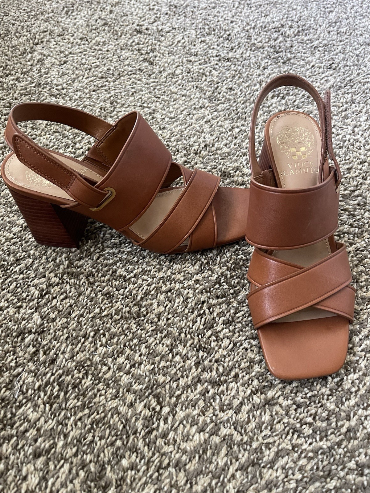 Vince Camuto Brown Strappy Block Heel Buckle Sandals Leather Women's Size 7.5/38