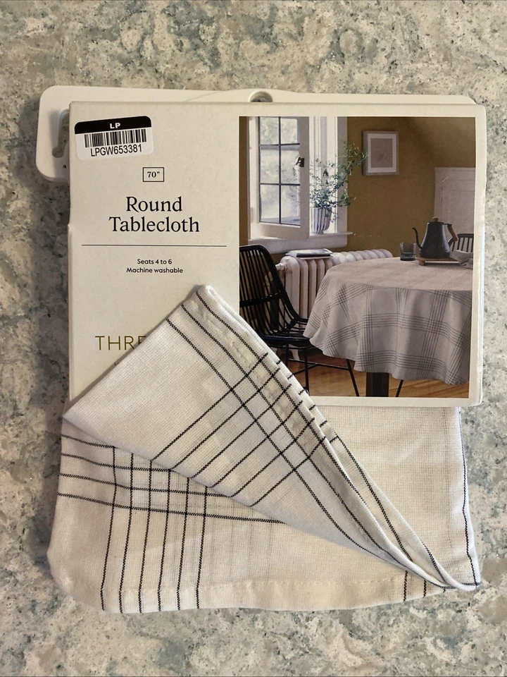 Threshold Natural Light Beige Cotton Blend Black Line Weave 70" Round Tablecloth - Image 3 of 4