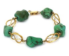Vintage Natural Turquoise Nugget 18k Yellow Gold Link Bracelet 8.25"