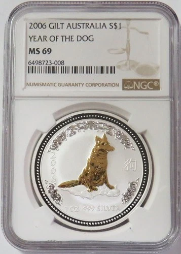 2006 SILVER AUSTRALIA 1 oz GILT YEAR OF DOG LUNAR COIN NGC MS 69