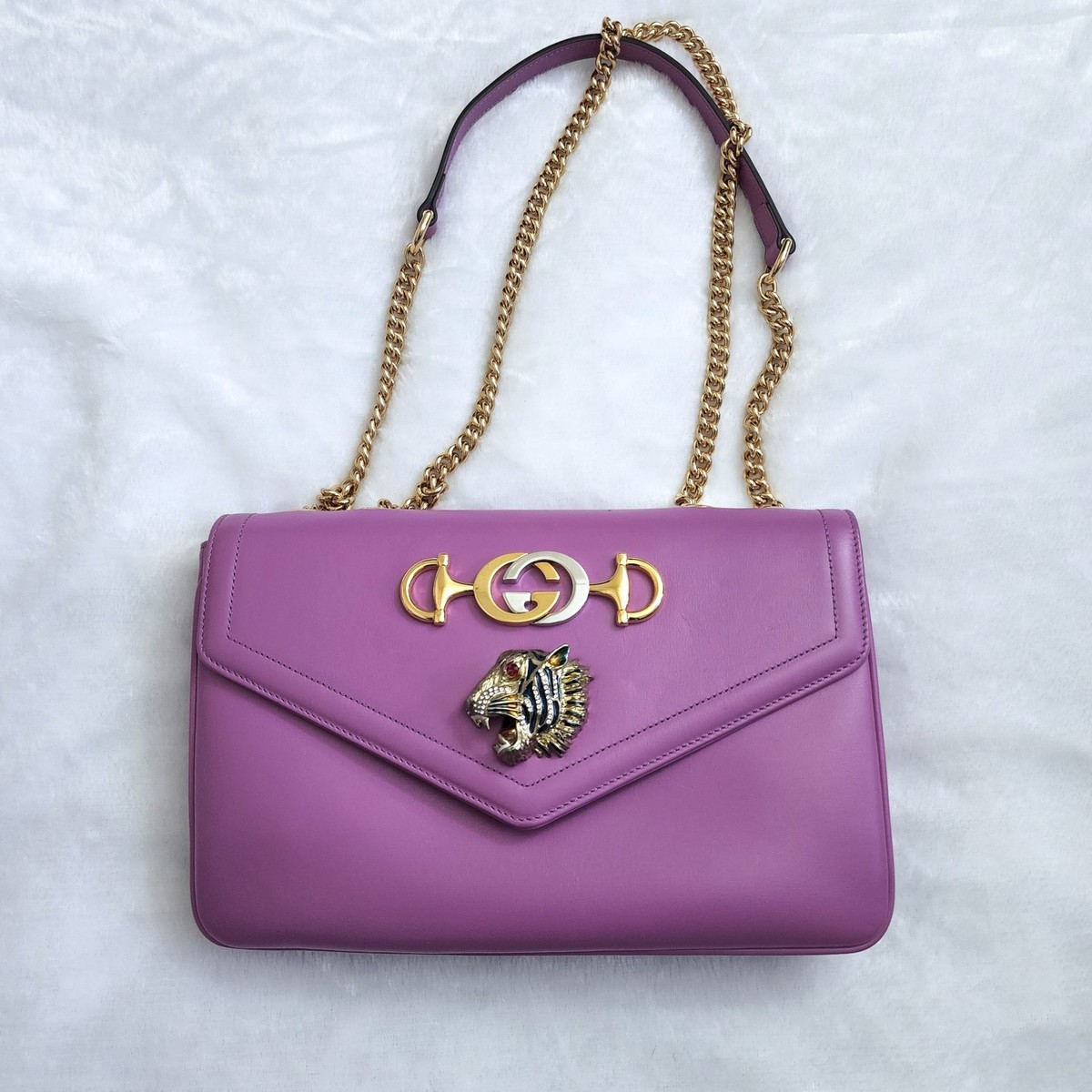 Gucci Rajah Medium Leather Shoulder Bag Lilac | MSRP $2980 | Tiger