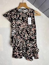 New Guess Designer Ruffle Party Top in Size XS Orange Coral Black Animal Print