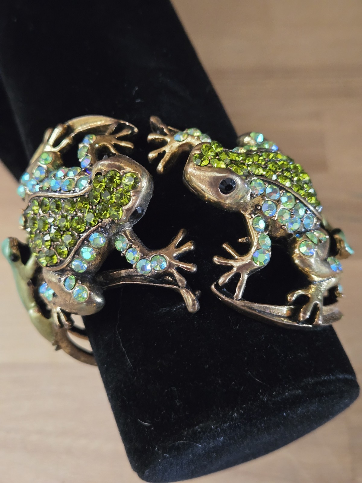 Vintage Kirks Folly Multicolored Rhinestone Antique Gold Frog Braclet