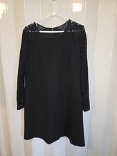 Tommy Hilfiger Black Solid Lace Dress Long Sleeve Round Neck Zip Knee 18