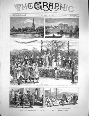 Original alter antiker Druck 1878 Worsley Manchester Kirche Ellesmere May-Queen