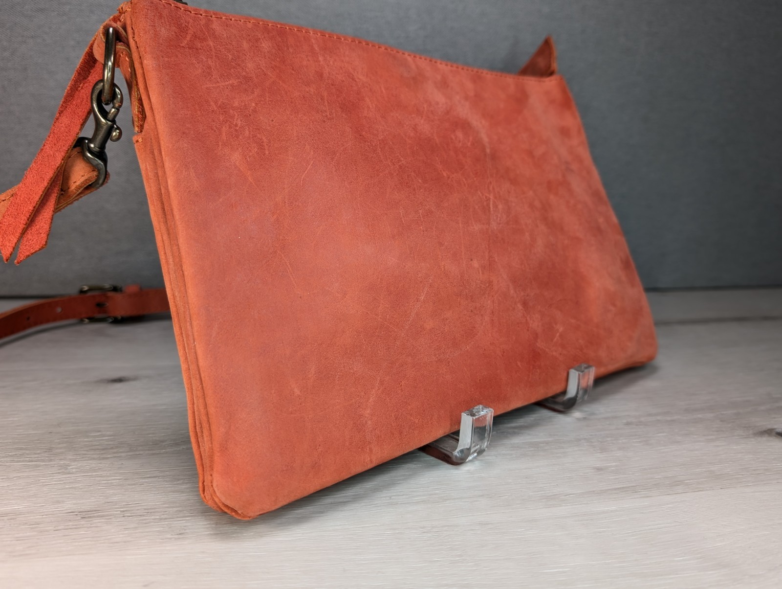 ABLE Raw Leather Crossbody Bag / Purse Top Zip Multiple Pockets 11" x 7" 