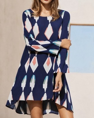 Mister Zimi Billie Dress Size 14 Blue Sky Geometric Print Long Sleeve Hi-Low Hem