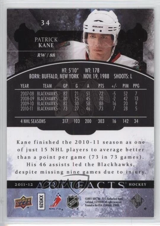 2011-12 Upper Deck Artifacts Emerald /99 Patrick Kane #34 - Image 2 of 2