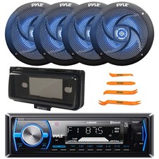 Pyle Single DIN Marine Bluetooth Receiver, Cover, 4x 5.25" 180W Blue LED Speaker