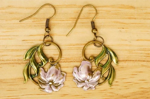 Vintage Costume Jewelry Brass Metal Spring Floral Flower Pierced Dangle Earrings