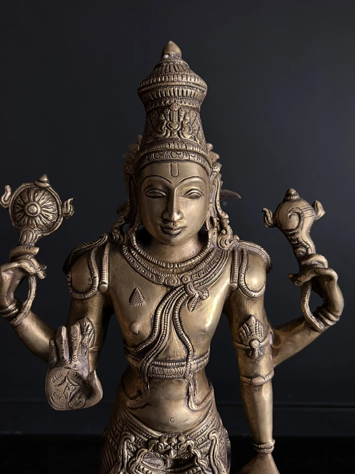 India Vishnu Latón Metal Chola Estilo Grande Antigua Estatua India Hindú Foto 3 de 4