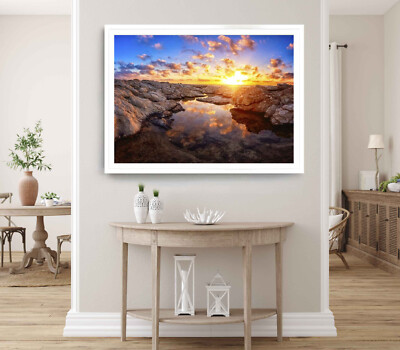 Rocks & Cloudy Print, Sunset Art, Sky Framed Beach Wall Art, Natural