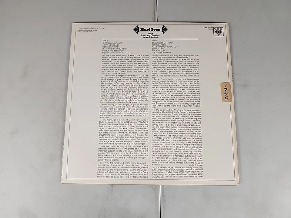 BURL IVES SINGS SOFTLY AND TENDERLY HYMNS & SPIRITUALS LP VINYL SBP233793  - Image 2 of 2