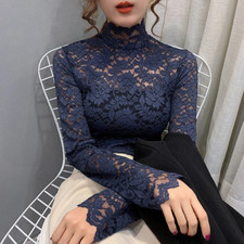 Womens Hollow Lace Long Puff Sleeve Tops Stretch Solid Turtleneck Blouse Casual