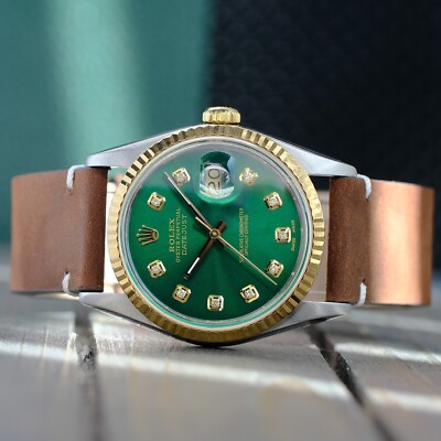 Rolex Datejust Two-Tone Mens Watch Green Diamond Dial 18KY Fluted