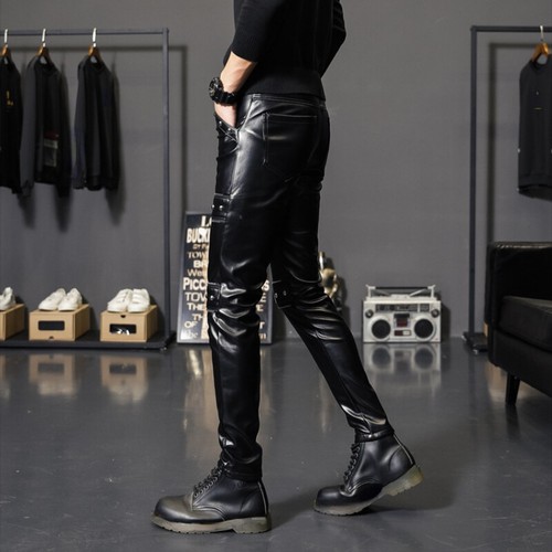 Herren Punk Niete Nieten lange Hose PU Kunstleder schmale Passform Hose Nachtclub - Bild 6 von 20