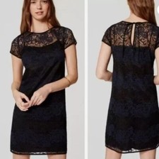 Ann Taylor LOFT Sheath Dress Womens 4 Blue Black Sheer Floral Lace Short Sleeve