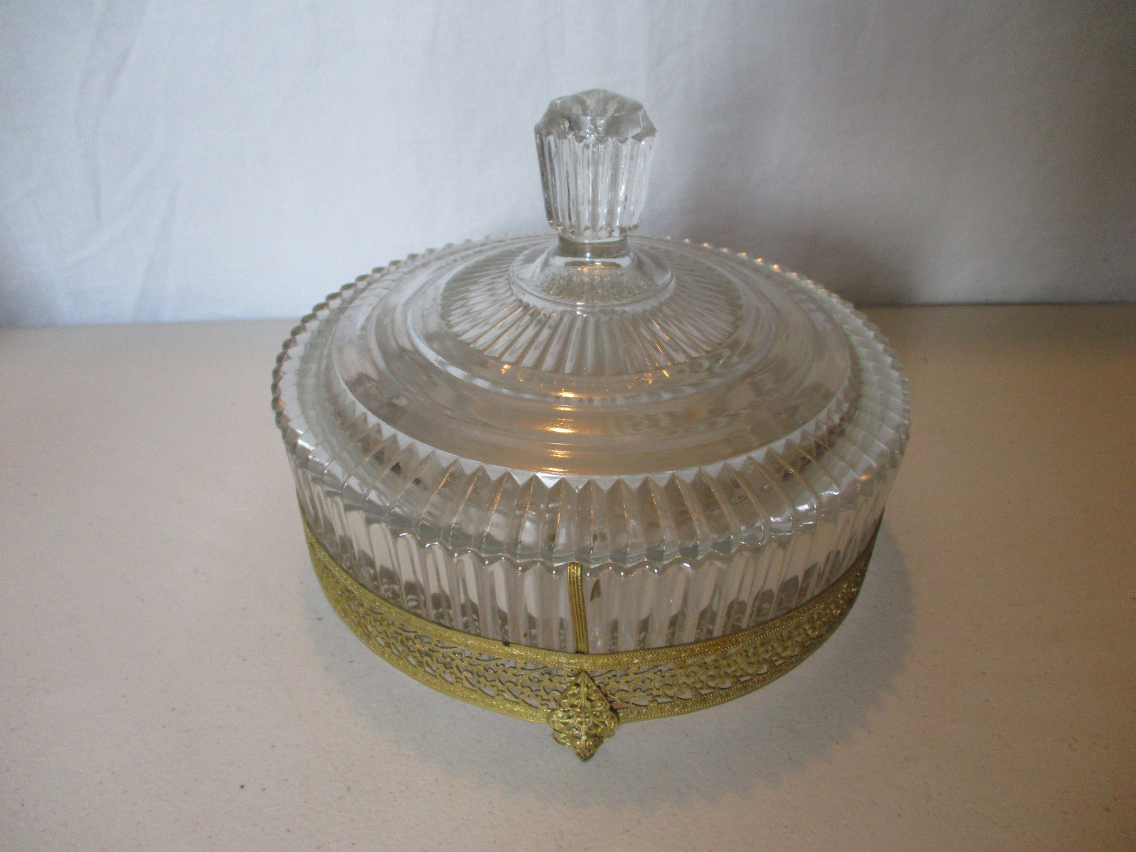 Antique Vintage Brass Filigree Ormolu Holder Crystal Glass Covered Candy Dish!