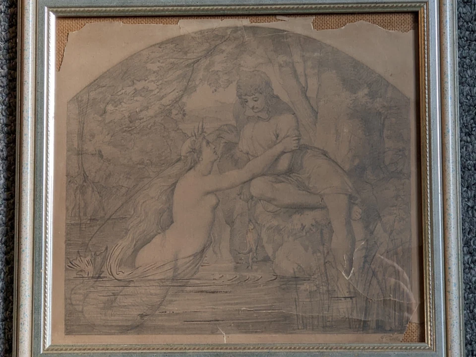 Antique 19thC original pencil drawing by Alfred Richard Diethe 1836-1919 Mermaid - Image 3 of 4