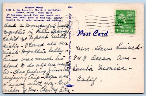 Tarjeta postal de lino vintage Misson Motel Phoenix Arizona Az 1949 escena patio - Imagen 2 de 2
