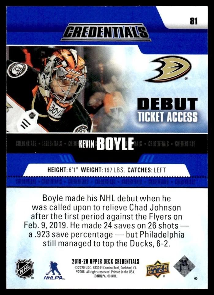 2019-20 Upper Deck Credentials Kevin Boyle 502/999 Anaheim Ducks #81 - Image 2 of 2