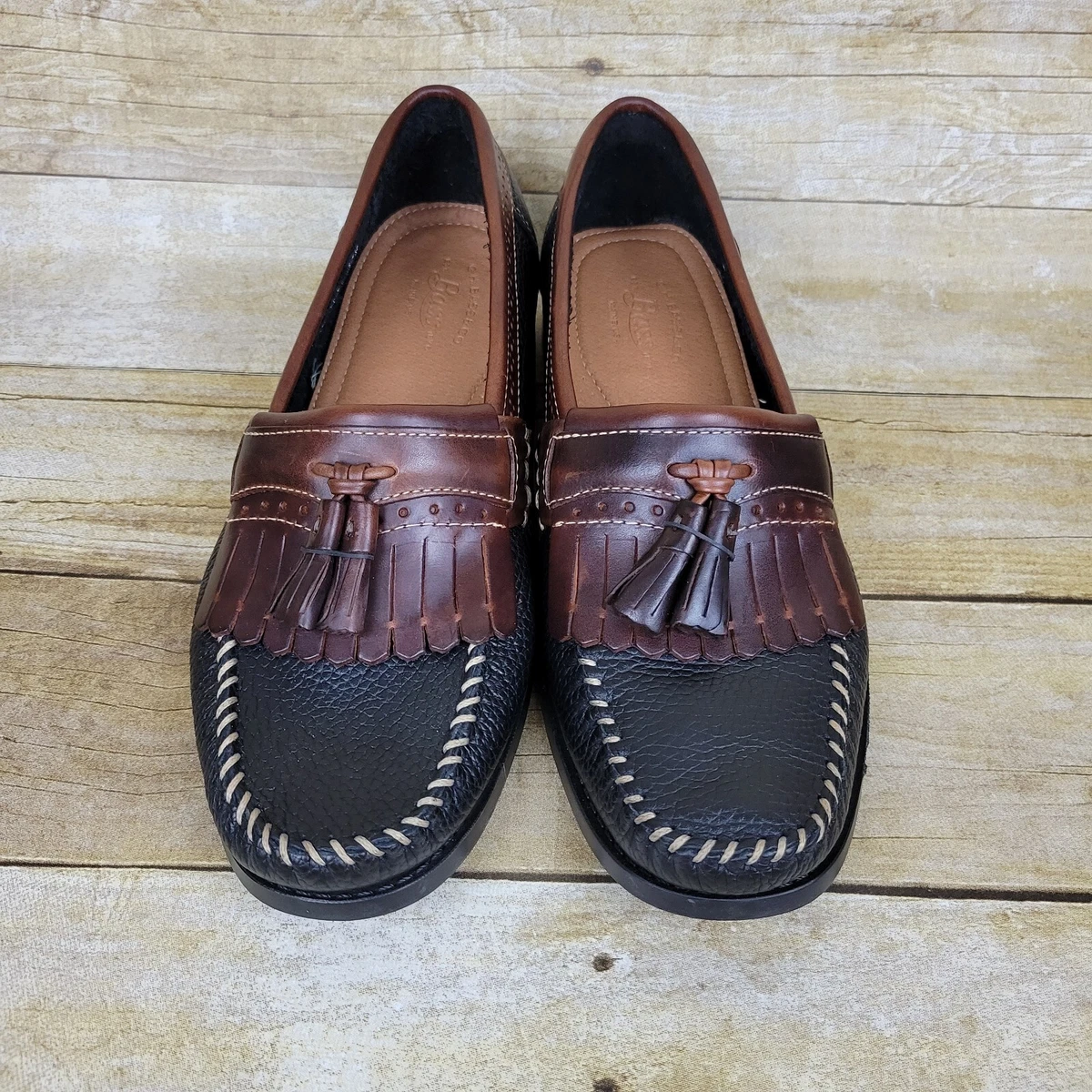 G.H. Bass Michael Mens Sz 9D Kiltie Tassel Leather Loafers Black Brown Two Toned