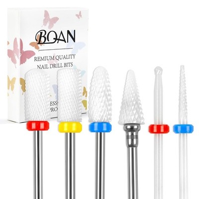 BQAN Nail Drill Bits Set - 6Pcs Ceramic 3/32  for Prep. Cuticle White 