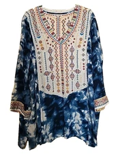 John Mark NWT Boho Aztec Embroidered Artsy Boho A Line Peasant Tunic Top Plus 2X