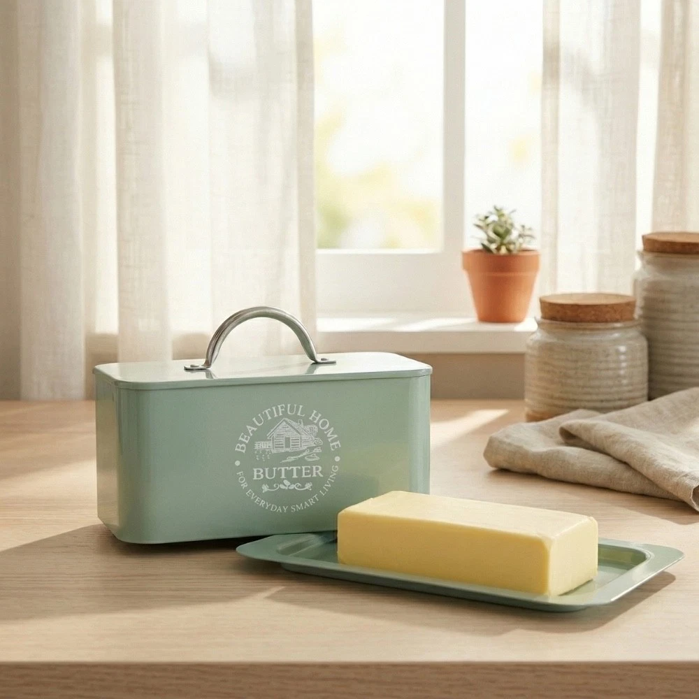 Vintage Style Metal Butter Dish with Lid & Tray Mint Green Kitchen Storage Box