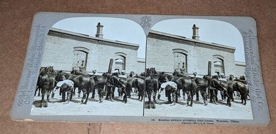 Ch Graves Stereoview Russian Soldiers Grooming Horses Tientsin China