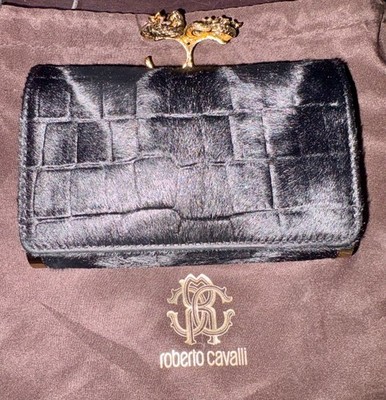 Authentic Roberto Cavalli Croco Calf clutch with gold