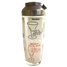 VTG Hazel Atlas Cocktail Shaker Mixer with 8 Recipes Glass Chrome 1960s USA