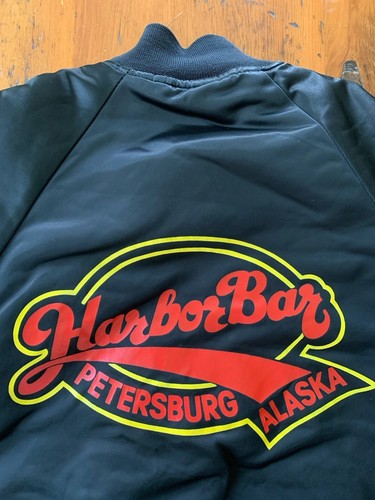 Vintage 80s Harbor Bar Petersburg Alaska Satin Varsity Bomber Jacket Black S - Picture 6 of 8