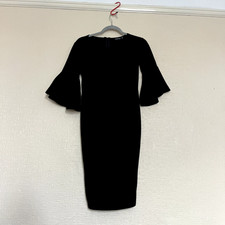 Boohoo Black Fluted Bell Sleeve Midi Dress Size 10 Smart Office Evening LBD