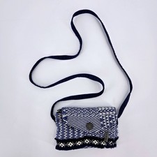 Borsa a tracolla piccola Roxy tessuto geometrico boho frange bianco navy ottime condizioni